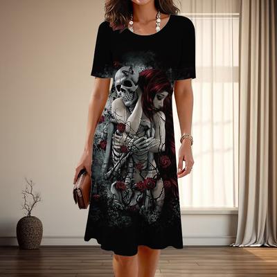 Women's Fashion Graceful Goth Print Summer Spring Short Sleeve O-Neck Casual Dresses