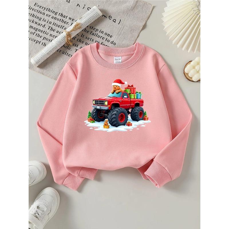 European sizes Crewneck Sweatshirt with Christmas Truck, Gingerbread Man, Gifts for Girls, Long-Sleeved Autumn Winter Top, Trendy for Young Girls.