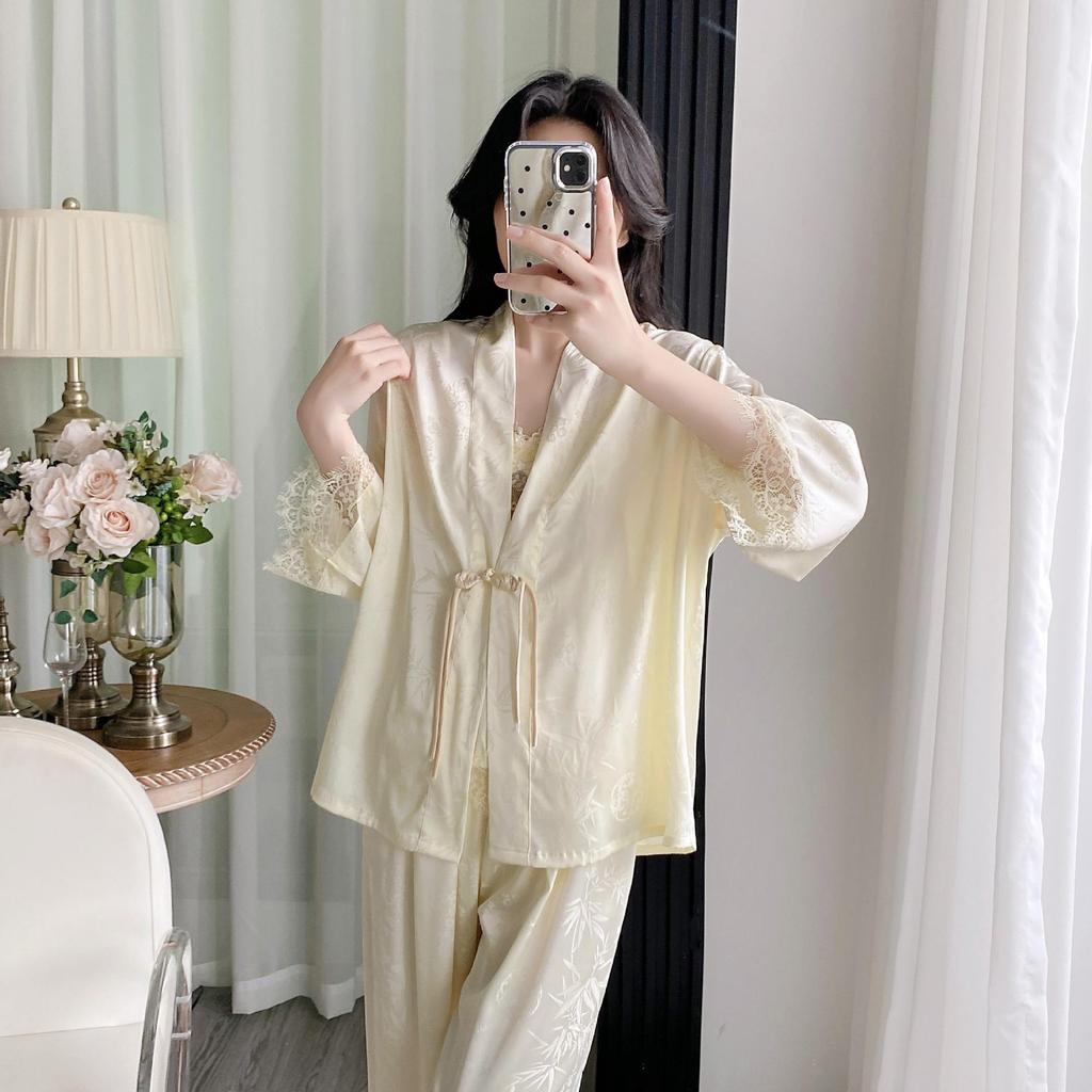 Women's Summer Ice Silk Camisole & Long Pants 3-Piece Set with Chest Pads - Light Luxury Homewear
