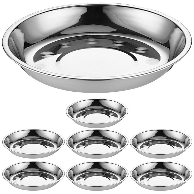 8Pcs Stainless Steel Round Plates Round Dinner Plates Barbecue Trays Food Serving Plates Dish Plate Barbecue Tray Dish Plate 18X18X3CM