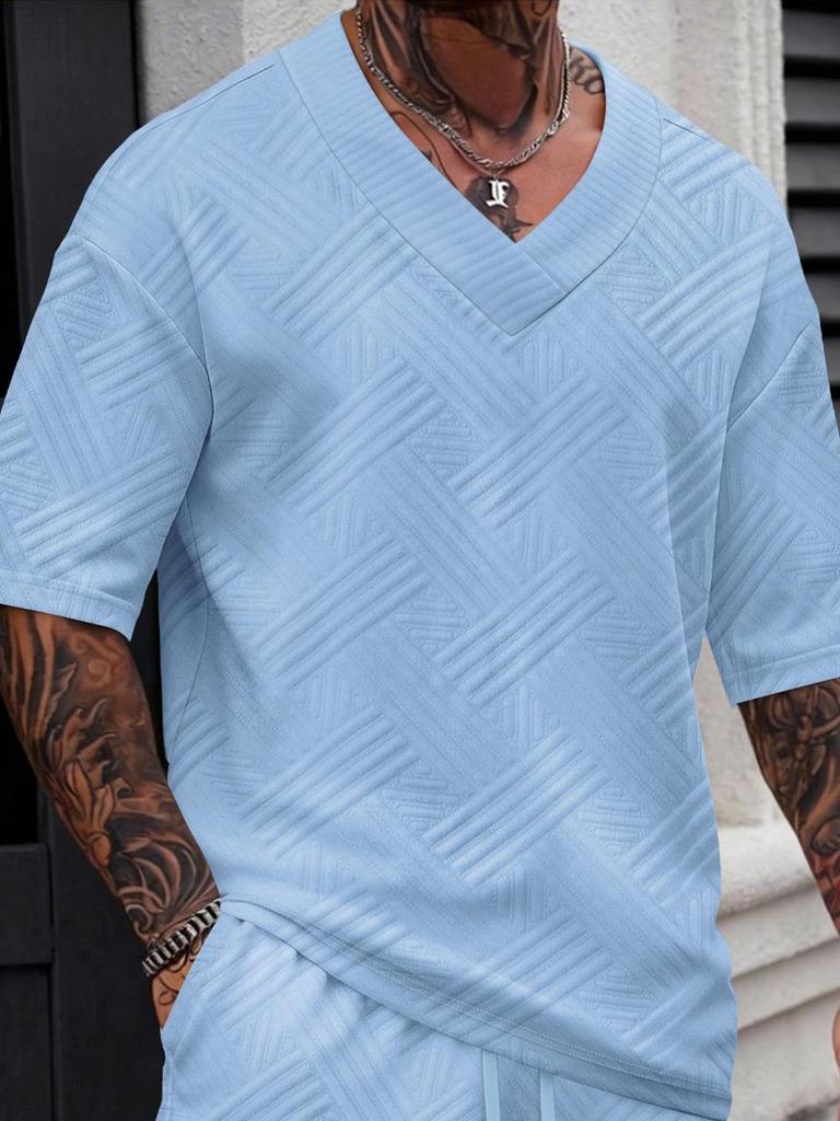 Spring/Summer Men's Solid Color V-neck Jacquard Casual Outdoor Short-sleeve T-shirt