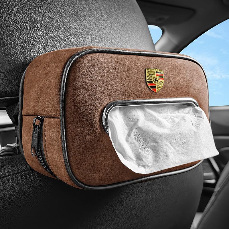 Bilinteriör Papperslåda Mocka Solskyddssits Rygg Hängande Väska För Porsche Cayenne Panamera Macan 911 718 918 Taycan Boxster
