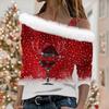 Women's Off Shoulder Furry Trim Long Sleeve T-Shirt Christmas Glitter Star 3D Print Elegant Winter Casual Top