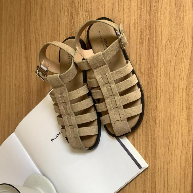 Damen Sommer Retro Casual Taschenkopf Schweinekäfigschuhe aus gewebtem Rindsleder