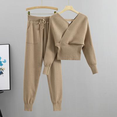 Frühling und Herbst frauen Gestrickte Anzug V-ausschnitt Sexy Liebsten Kurze Temperament Pullover Hosen Mode Anzug