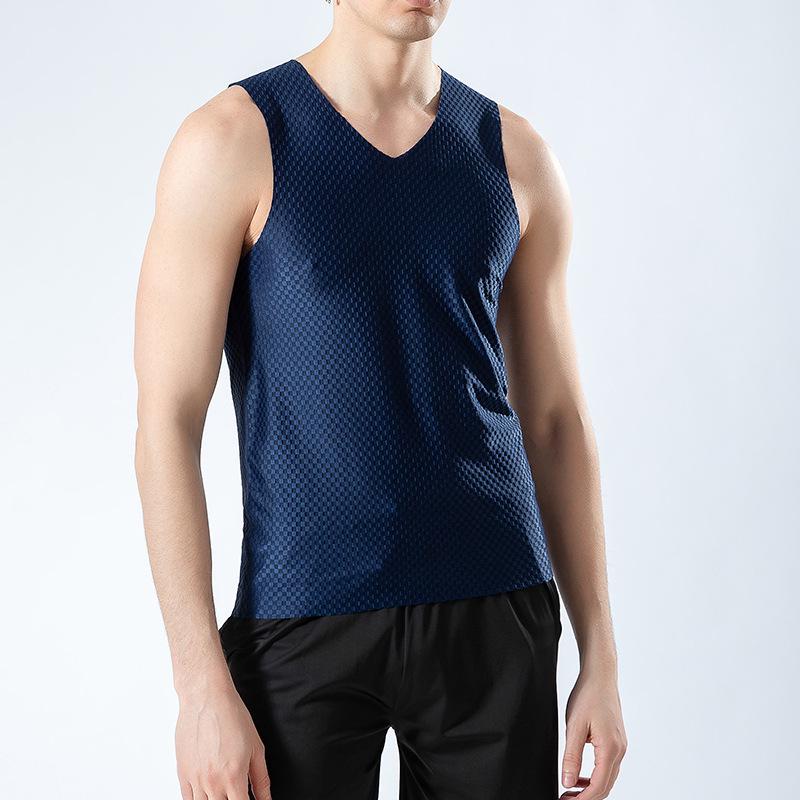 Men's Plaid Ice Silk Sleeveless Quick-Dry Tank Top - Breathable, Seamless Sports Fitness Undershirt for Summer.