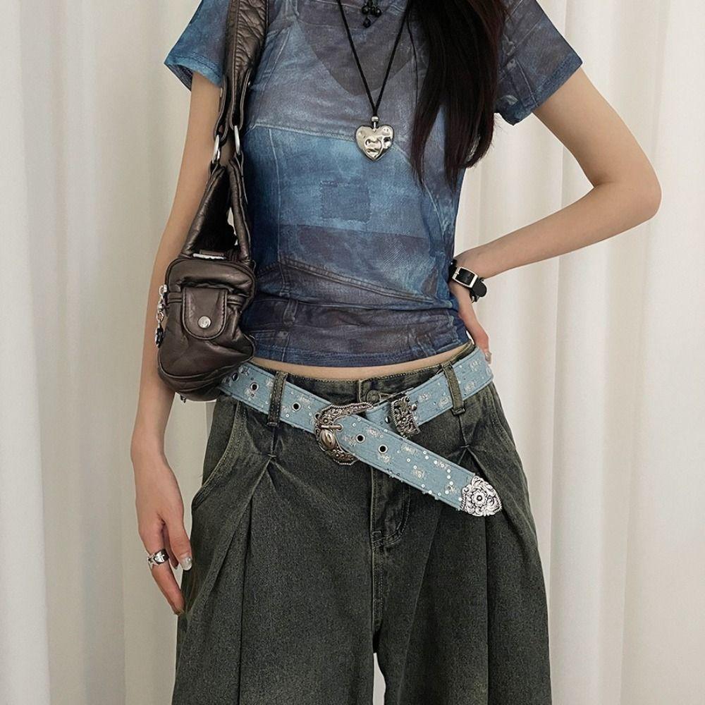 Y2k Retro Jeans Belt Korean Style Vintage Wide Belt Personality Metal Buckle Belts  Women