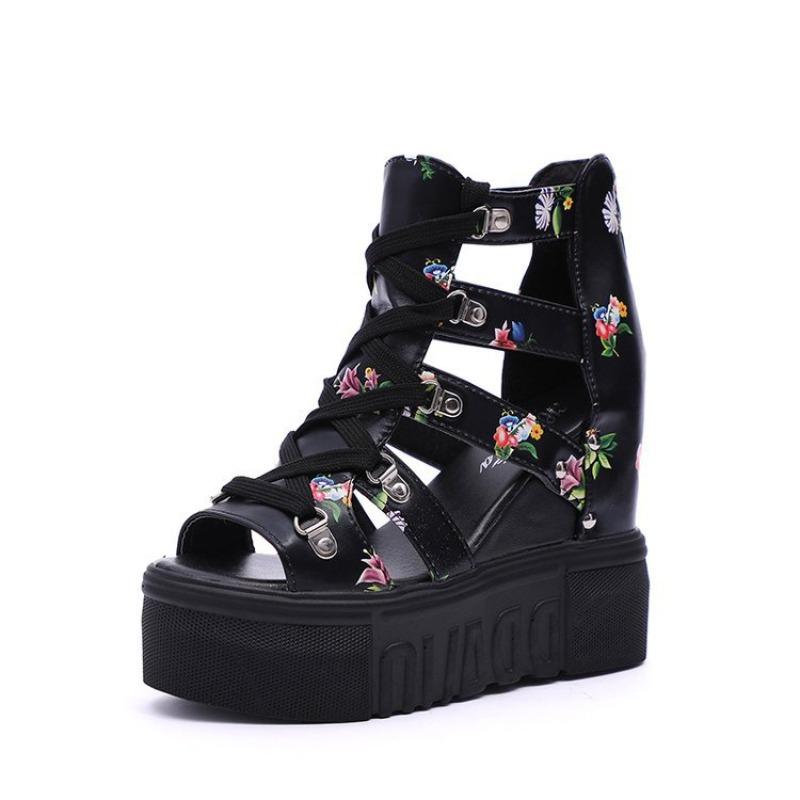 High Heel Women Sandals Thick Platform Wedge Heel Student Style Hollow Out Peep Toe Invisible Heightening Roman Sandals