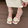 Creamy Rose Women's Sandals 2026 Summer New Style One-Row Square Head Fine Heel High Shoes Microfiber Face Rubber Sole