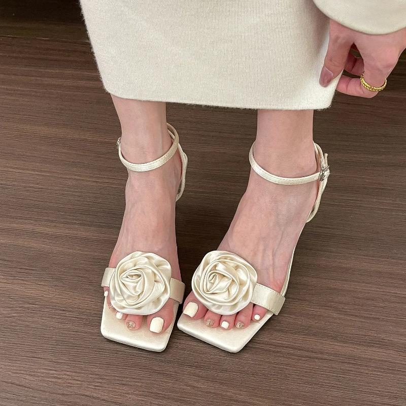 Creamy Rose Women's Sandals 2026 Summer New Style One-Row Square Head Fine Heel High Shoes Microfiber Face Rubber Sole