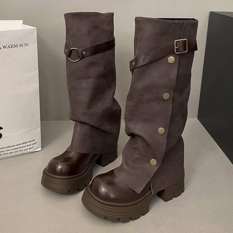 

British style but knee retro Maillard heightening boots women s 2025 autumn and winter new fat MM fashion trouser boots 40 коричневый