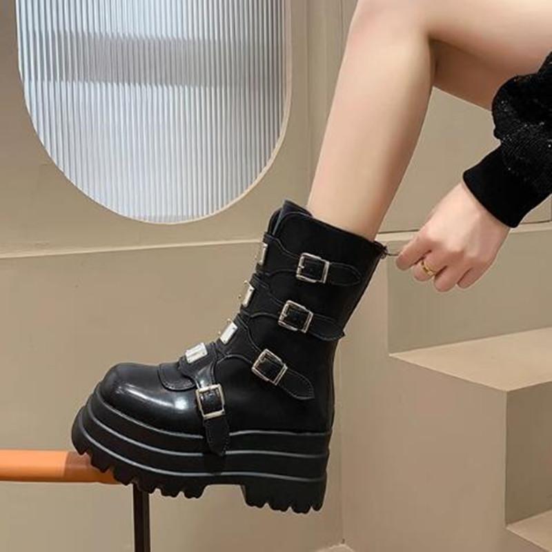 Womens Boots Metal Belt Buckle Design Women Mid-Calf Boots Luxury Casual Leather Boot Height Increasing Platform Boots For Women