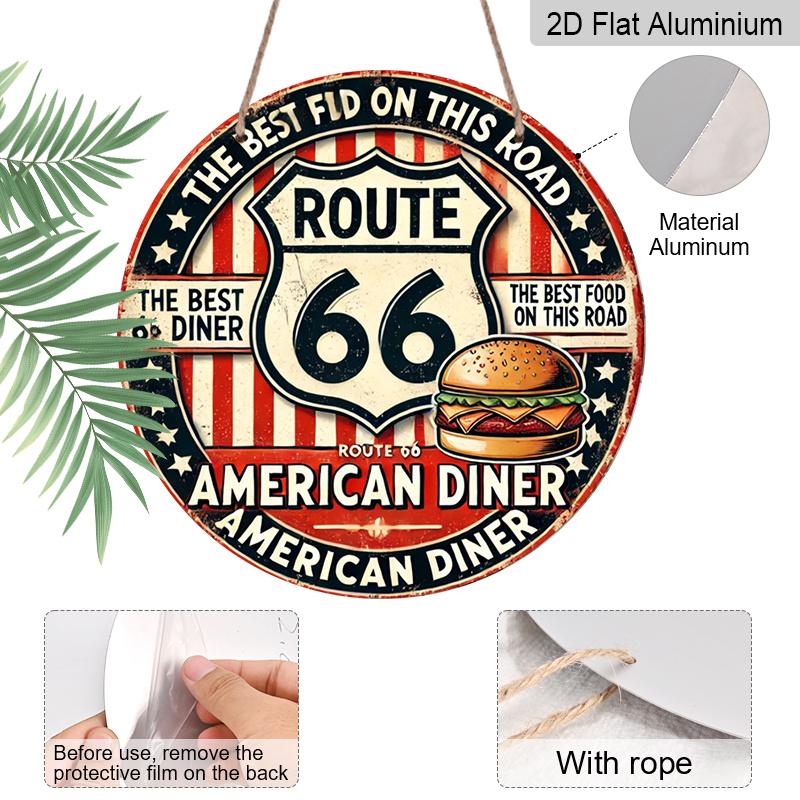 2D Flat 1pc, 8x8 in, Vintage Route 66 Metal Sign - Durable Aluminum, American Retro Diner Decor with Classic Hamburger Design, Ideal for Home