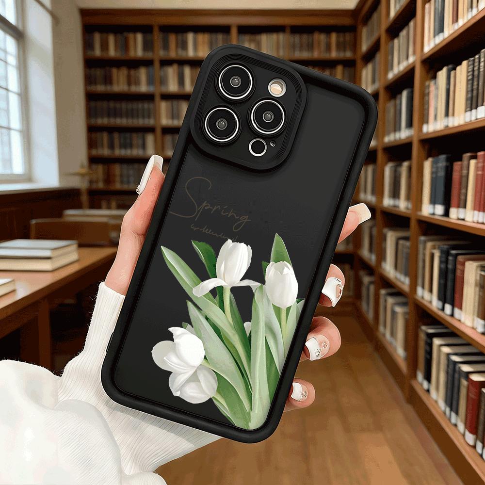 White Tulips with 'Spring' Text Soft TPU Phone Case for iPhone 17 16 15 14 13 12 11 Pro Max Plus Shockproof Anti-Slip Cover