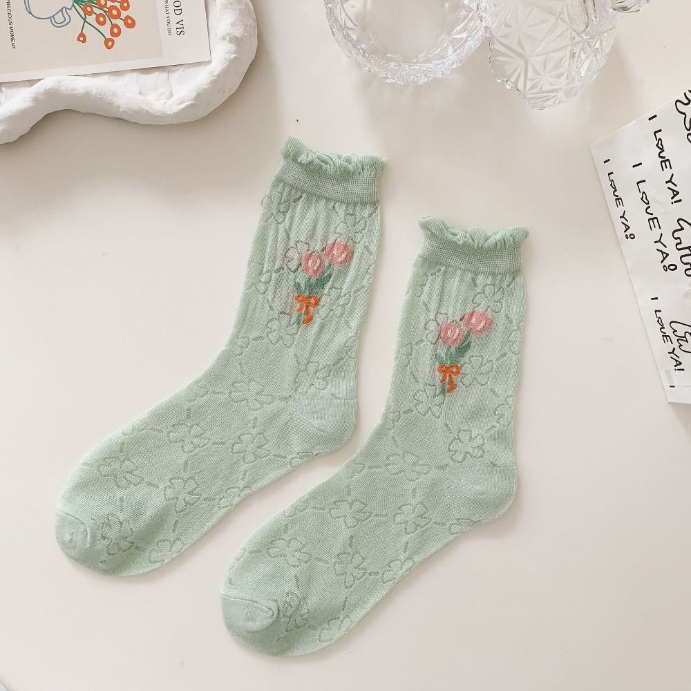 6Pairs Mesh Hollow Transparent Flower Socks Breathable Sweet Socks Women Mid Tube Socks  Streetwear