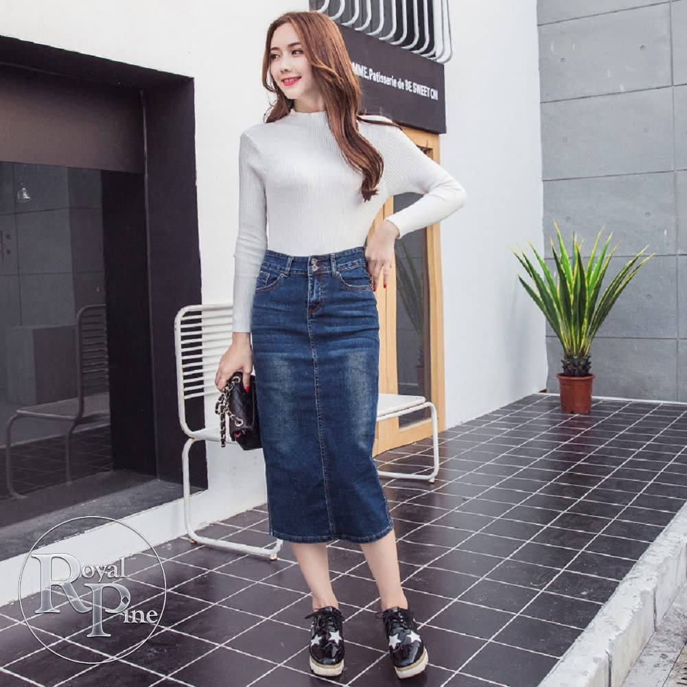 Royal Pine Stretch Denim Skirt with Midi Length and Back Slit Women's High-Waisted (L, Navy)