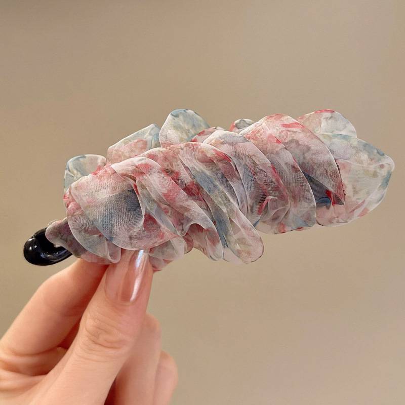 Korean-Style Polka Dot Colour-Block Pleated Printed Mesh Hair Clip For Women Fashionable Banana Clip Hair Accessory