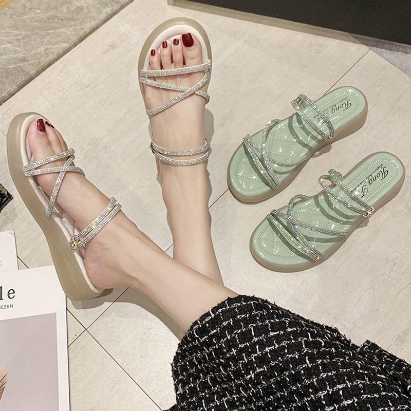 Two wear fairy style sandals, female 2025 new female fashion slope heel rhinestone trendy versatile cool slippers, female summer wear