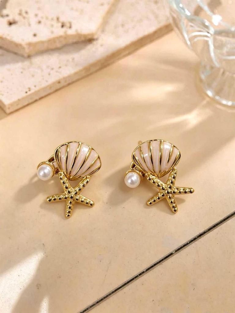 Cross-Border Glazed Starfish & Shell Pearl Stud Earrings - Light Luxury Beach Jewelry