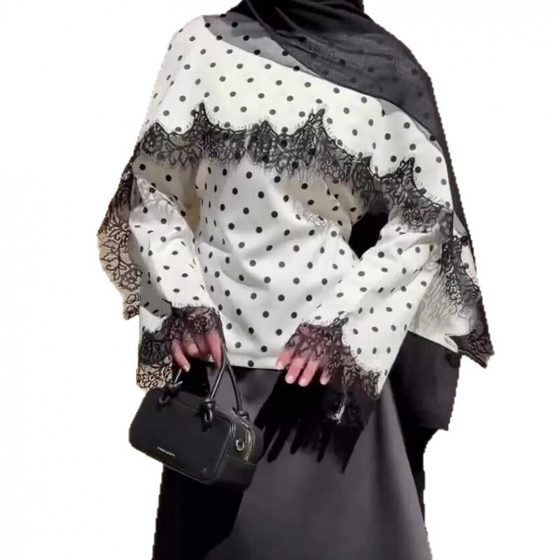 Womens Retro Long Sleeve Shirt Polka Dot Lace Patchwork Slim Fit Casual Top 2026
