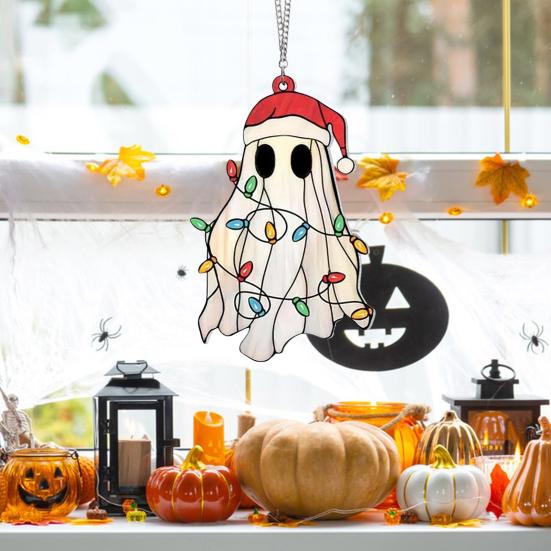 Halloween Cute Ghost Suncatcher Stained Glass Style Acrylic Window Hanging Ghost Light Catcher for Window Wall Decor