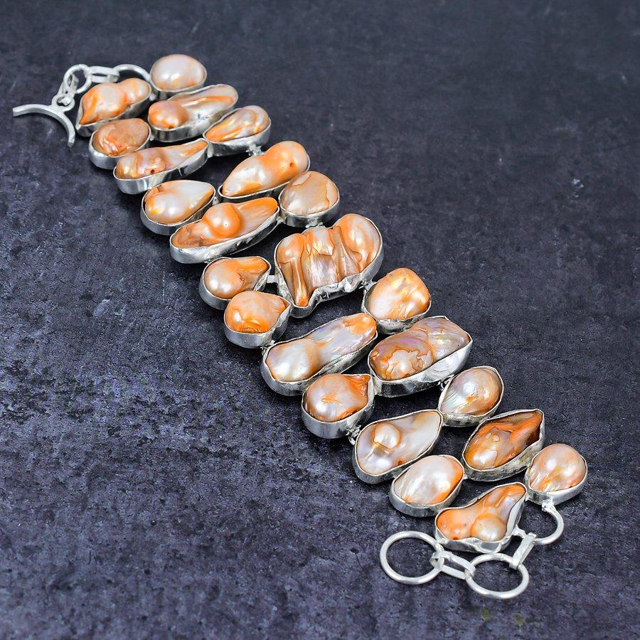 Natural Blister Pearl Gemstone Handmade 925 Sterling Silver Bracelet 7-8" v0U90