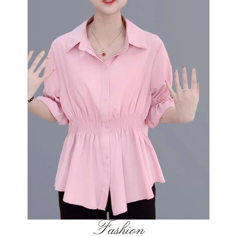 Summer Polo-neck Solid Color Elegant Fashion Waist Shirt Women Short Sleeve Shirring Blouse Female Cardigan Top