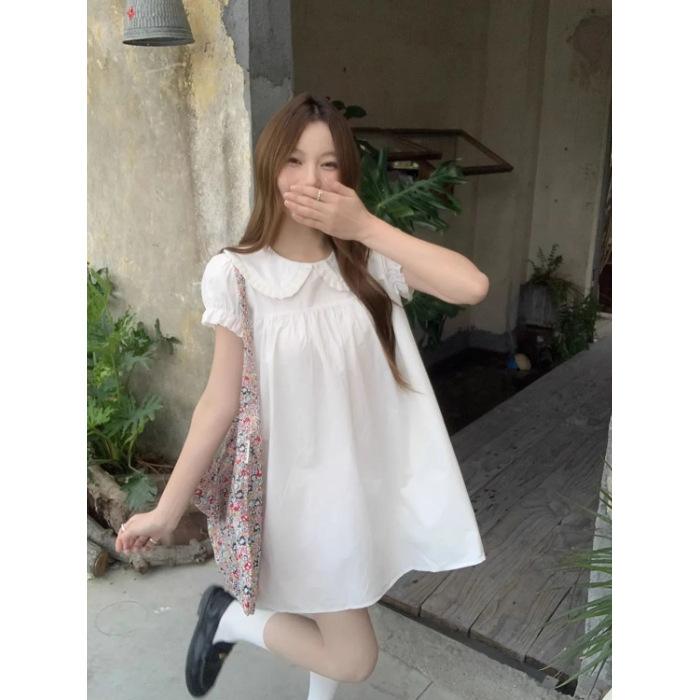 Damen Peter Pan Kragen Kurzarm Minikleid Lockerer Schnitt Mittlere Taille Vintage Lässig Weiß Baumwolle Sommer Puffärmel A-Linie Tageskleid S weiß