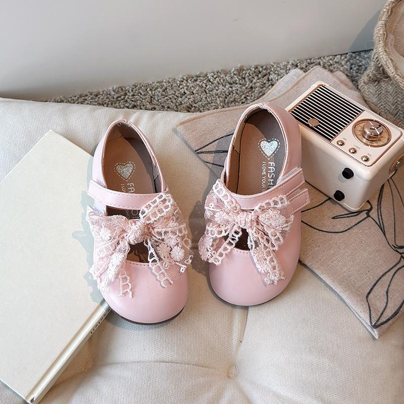 Kids Leather Shoes Double Hook&loop Sweet Girls Princess Shoes Mesh Lace Bows 2025 New Children Flat Shoes Non-slip Soft Sole