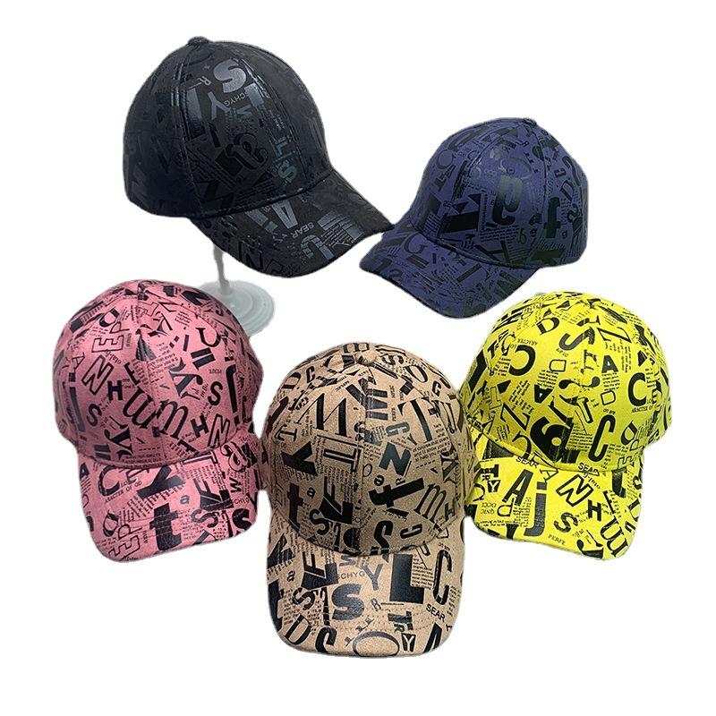 Kpop Plain Leather Graffiti Letter Fashion Men'S And Women'S Baseball Caps Cotton Versatile Leather Breathable Sun Hats
