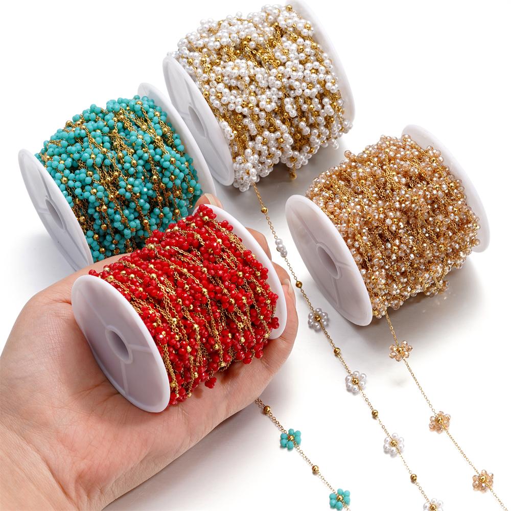 1Meter/Lot Stainless Steel Pearl Braided Flowers Flat Link Chains for DIY Handmade Jewelry Bracelet Necklace Accessories