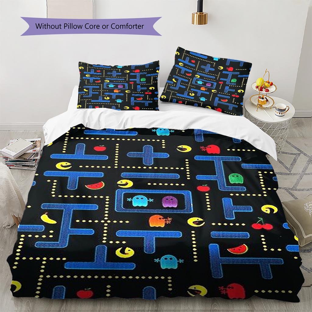Pościel z wzorem Pac-Man, Zestaw kołdry Poszewka na kołdrę Poszewka na poduszkę Domowy prezent urodzinowy (1 * poszwa na kołdrę + 2 * poszewki na poduszki, bez rdzenia)