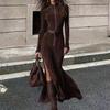 Vintage Modern Stand Collar Zip Split Waist Dress Elegant Lady Style Long Sleeve Knit