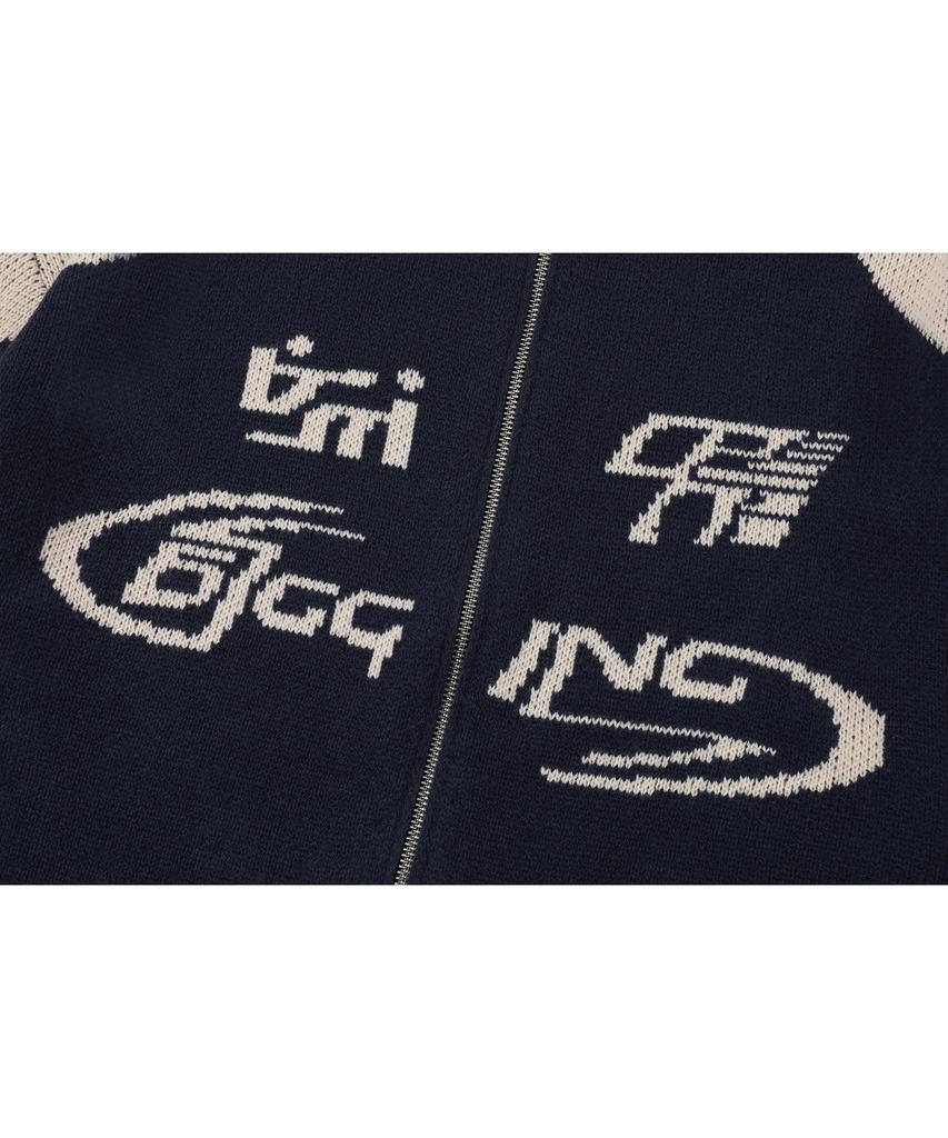 Cpgn Studio [2-Way] Curved Block Knit Zip-Up Navy