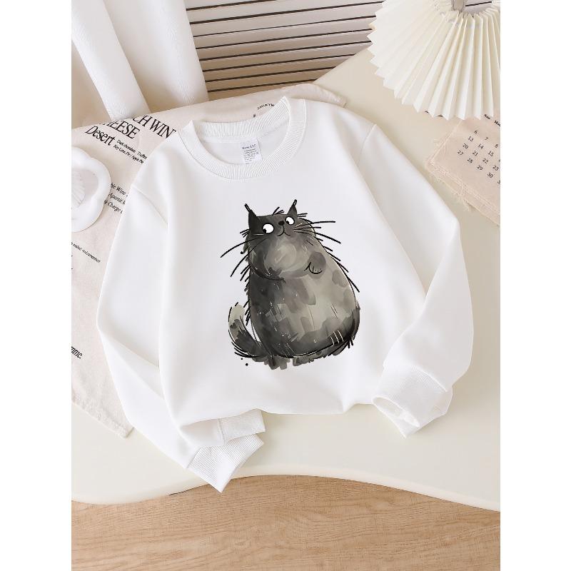 Girls' Long-sleeve Sweatshirt with Round Neck and Printed DesignCute Cat Print Suitable for Spring and Autumn, Fashionable and Casual