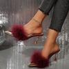 Summer Furry Mules Shoes Baotou Sexy Metal Decoration Slippers Women Pointed Toe Gladiator Sandals Party Stiletto Heels Women
