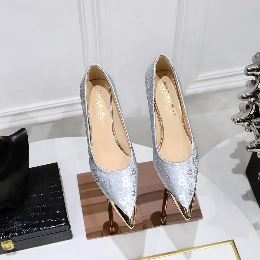 Mid Heel Shallow Mouth Metal Pointed Graffiti Pattern for Slimming Women's Shoes, Spring and Autumn Single Shoes