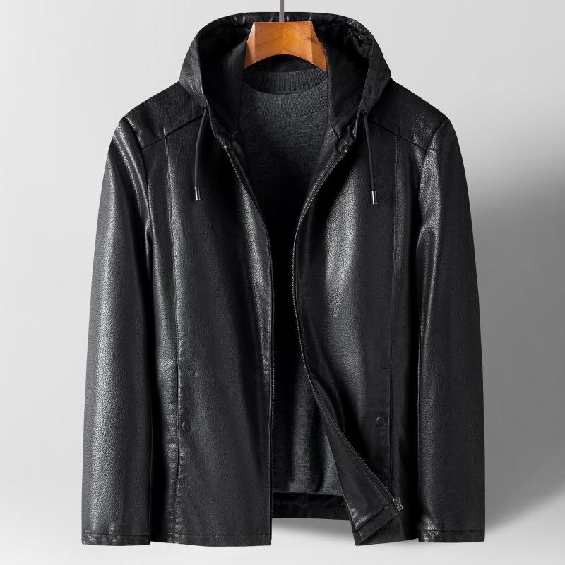 Leather Jacket Men's Handsome Hooded Casual Leather Jacket Middle-aged Dad Autumn and Winter Sheepskin Men's Jacket