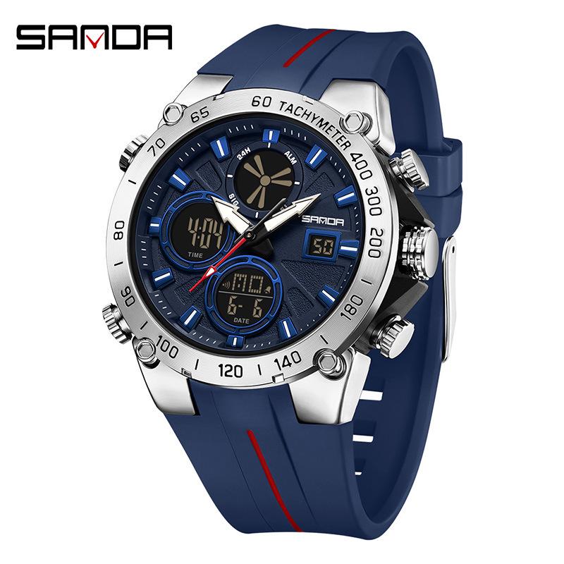 SANDA Men s Fashion Sports Dual Display Electronic Watch – Multifunction Timer, Alarm, Luminous, Waterproof.