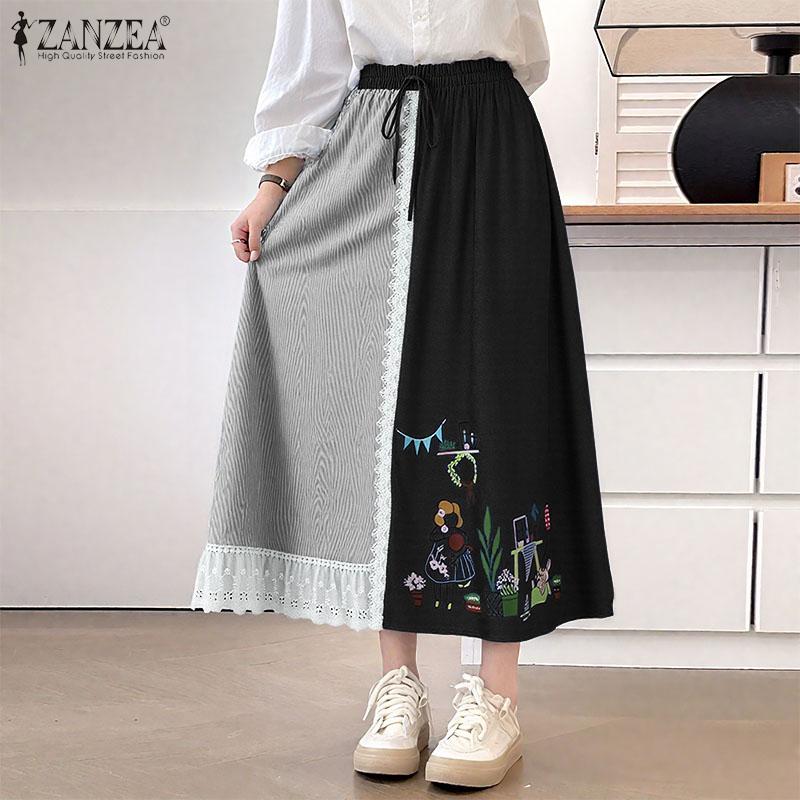 ZANZEA Women Casual Elastic Waist Loose Patchwork Floral Long Skirts