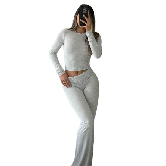 Women's 2 Piece Outfits Long Sleeve Crew Neck Crop Top Ruched Low Waist Flared Pants Set Fall Casual Lounge Set