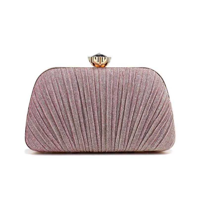 Solid Color Banquet Clutch, Metal Chain Pleated Fashionable Design Shiny Shoulder Bag, Women's Diagonal Cross Bags