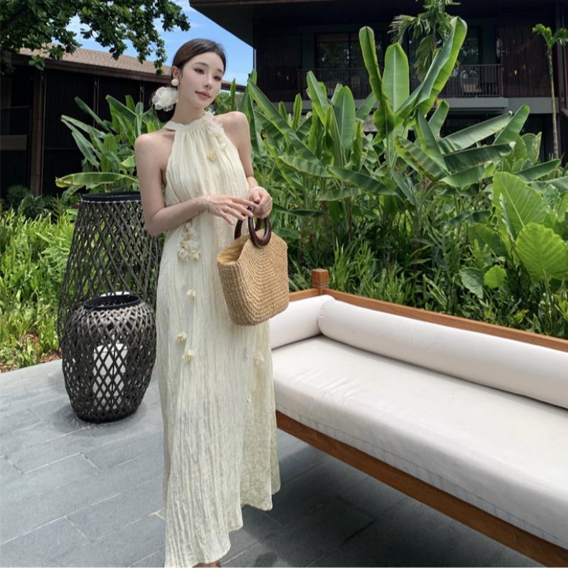 Summer New Elegant Flower Neck Pleated A-Line Loose Dress