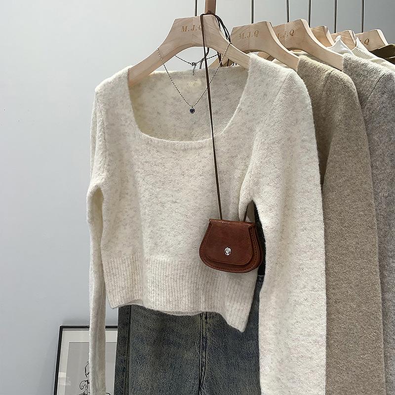 

Короткий мягкий вощеный свитер с квадратным воротником для женщин, осенний новый пуловер с длинными рукавами для невысоких людей, универсальная нижняя часть рубашки L