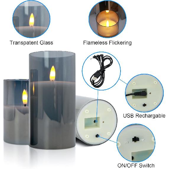 Rechargable Flameless Candles with Timer & Remote Control, Built-in Battery LED Candles, Gray Glass Candles Gift Set, Set of 3 Pillar Flickering
