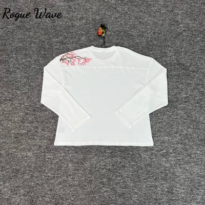 RogueWave Waffel Langarm Stickerei Sakura T-Shirt Herren Damen Lässig Locker Hochwertig Atmungsaktiv T-Shirt Kleidung