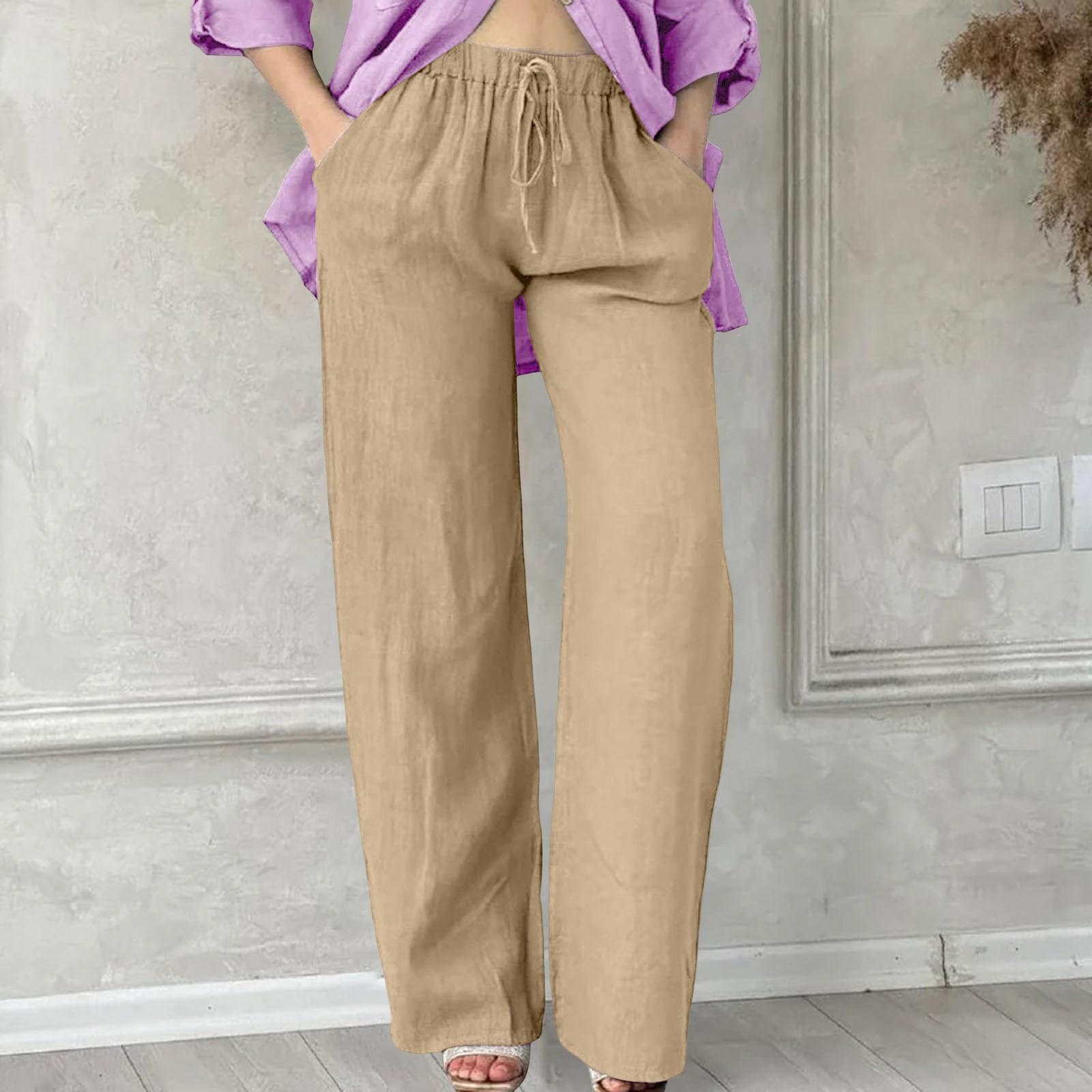 

Linen Pants For Women Casual Drawstring Elastic Waist Long Straight Pants XL коричневый