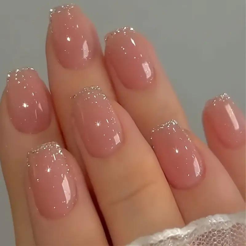 24Pcs Short French Tip False Nails Shimmer Ballet Nail Art Full Cover Sheer Press On Manicure Tips For Girls Daily Wear