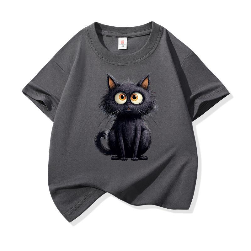 Cute Black Cat Graphic Tee Kids 100 Cotton Crew Neck Casual Breathable T Shirt Short Sleeve Muticolor Tops For Sweet Girls Boys