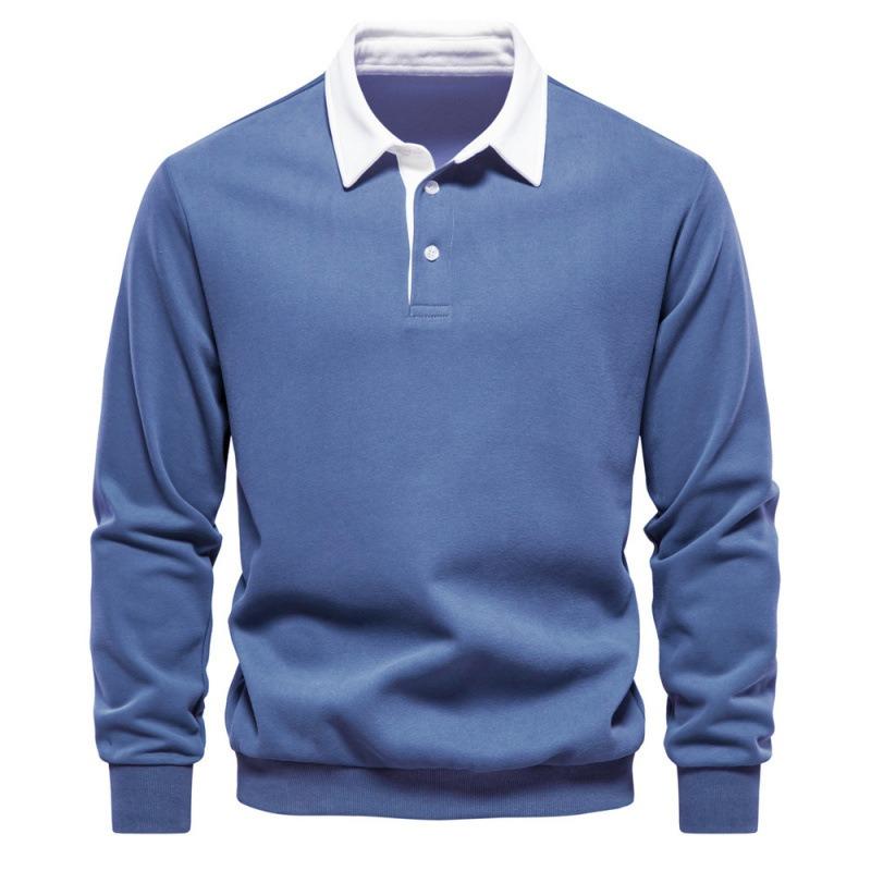 Men's Collared Pullover Sweatshirt, Loose Fit Color Block Cotton Sweatshirt, Ribbed Cuffs Casual Spring Fall Top